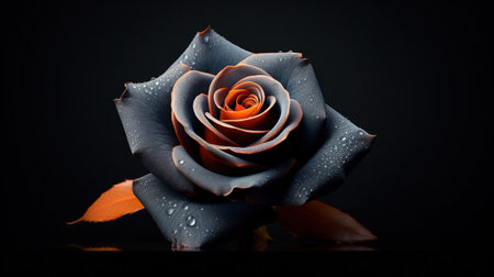 A rose with water droplets on it sitting in a dark room, AIの素材