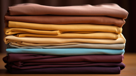 A stack of folded clothes on a wooden table with light shining through, AIの素材