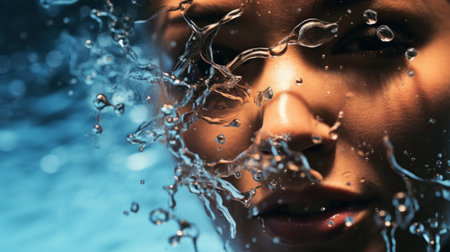 A close up of a womans face in water with bubbles, AIの素材