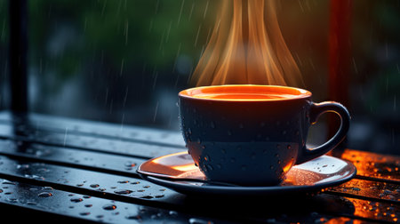 A cup of coffee on a saucer with steam coming out, AIの素材