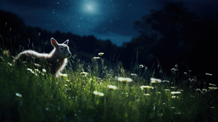 A sheep is standing in a field of grass with flowers, AIの素材