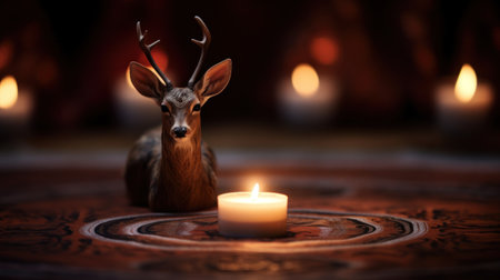 A deer head with candle in front of it on a table, AIの素材