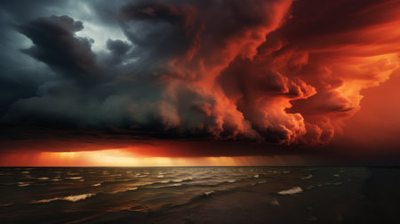 A large storm cloud over the ocean with a bright orange sky, AIの素材