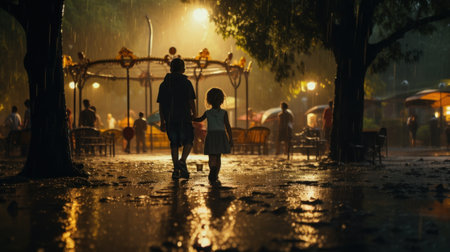 A man and a little girl walking in the rain at night, AIの素材
