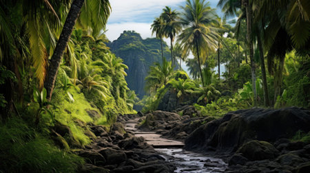 A stream running through a lush tropical jungle with rocks and trees, AIの素材