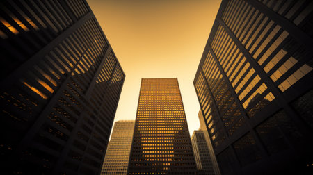 A view of a tall building in the middle of some other buildings, AIの素材