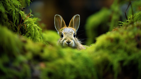 A rabbit peeking out from behind a thick green bush, AIの素材