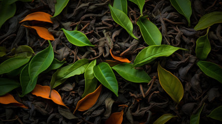 A close up of a bunch of green and orange leaves, AIの素材