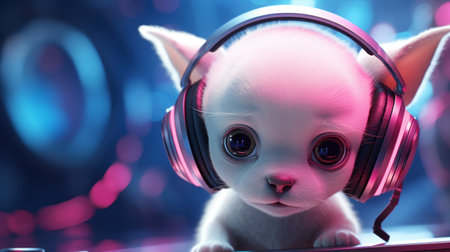 A small white dog wearing headphones and looking at the camera, AIの素材