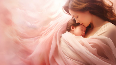 A woman holding a baby wrapped in pink fabric, AIの素材