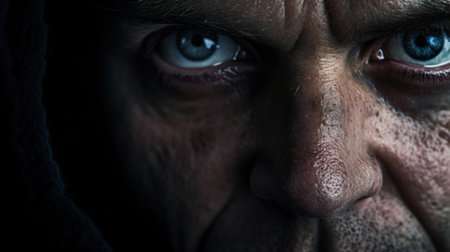 A close up of a man with blue eyes staring at the camera, AIの素材