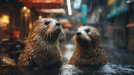 Two otters are standing in the rain looking at each other, AIの素材