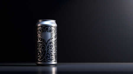 A can of a silver and black metal beverage container on the table, AIの素材