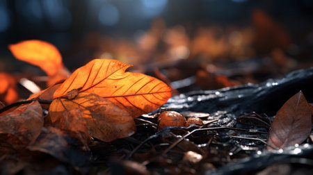 A close up of a leaf on the ground with some leaves around it, AIの素材