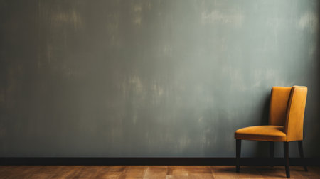 A yellow chair sitting in front of a wall with wood floor, AIの素材