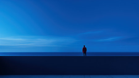 A person standing on a ledge overlooking the ocean at night, AI