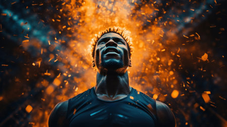 A man with a black shirt and his mouth open in front of fireworks, AIの素材