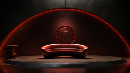 A red couch sitting on a stage with some lights, AIの素材