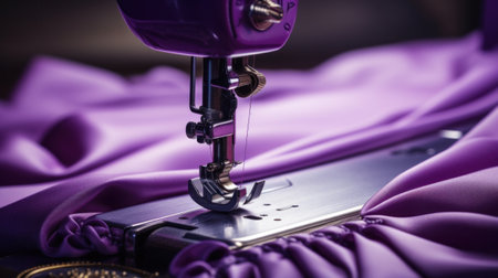 A close up of a sewing machine on top of purple fabric, AIの素材
