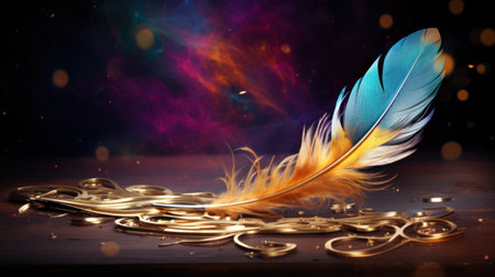 A feather is sitting on top of a pile of gold chains, AIの素材