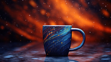 A coffee cup with swirls and stars on a dark background, AIの素材
