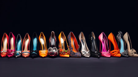 A row of colorful high heel shoes lined up on a black background, AIの素材
