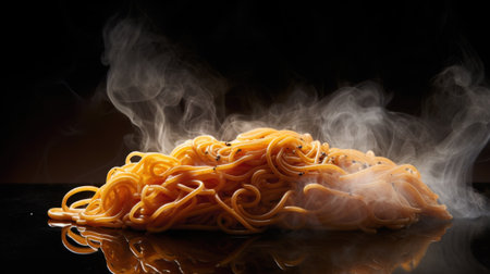 A pile of noodles with smoke rising from them on a black surface, AIの素材