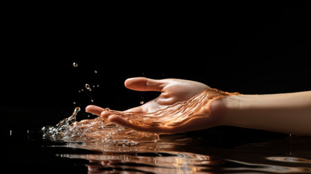 A persons hand is in the water with a splash, AIの素材