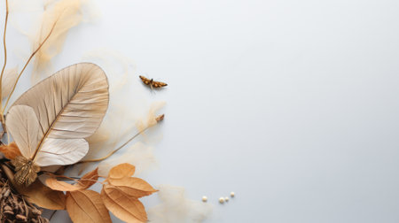 A close up of a white background with some leaves and flowers, AIの素材