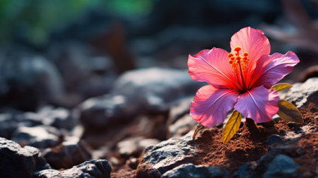 A pink flower on a rock surrounded by other plants, AIの素材