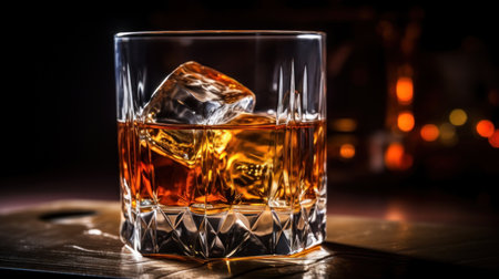 A glass of whiskey with ice cubes on a wooden table, AIの素材