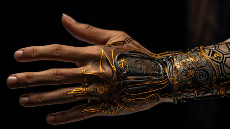 A close up of a persons hand with gold and black designs, AIの素材