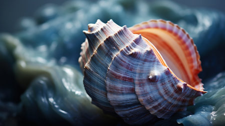 A close up of a sea shell sitting on top of some blue water, AIの素材