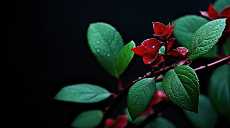 A close up of a red flower with green leaves on it, AIの素材