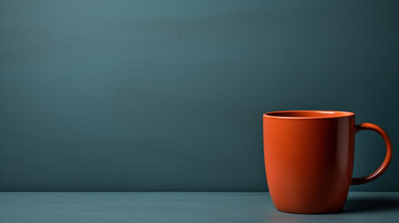 A red coffee cup sitting on a table next to blue wall, AIの素材