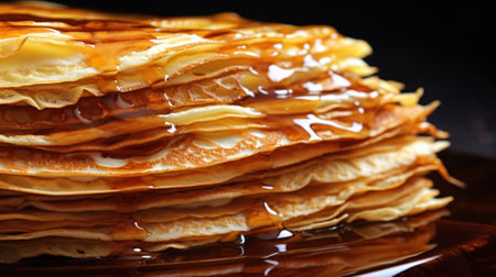 A stack of pancakes with syrup on top sitting in a glass, AIの素材