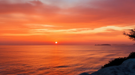 A sunset over the ocean with a lone tree in front of it, AIの素材