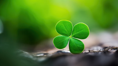A four leaf clover is sitting on the ground in front of a forest, AIの素材