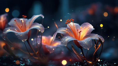 Two beautiful flowers are glowing in the dark with lights, AIの素材