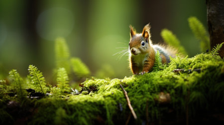 A squirrel sitting on top of a moss covered hill, AIの素材