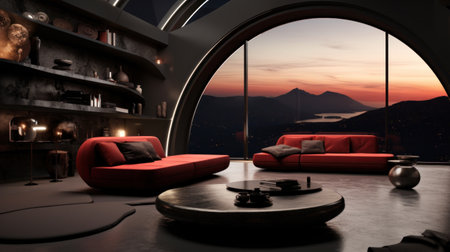 A living room with a view of the sunset over mountains, AIの素材