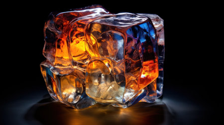 A close up of a glass block with orange and yellow lights, AIの素材