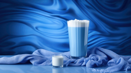 A glass of milk and a drink on blue cloth with swirls, AIの素材