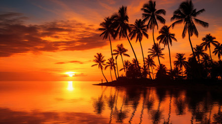 A sunset over a body of water with palm trees, AIの素材