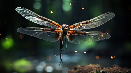 A dragonfly with orange and black wings flying in the air, AIの素材