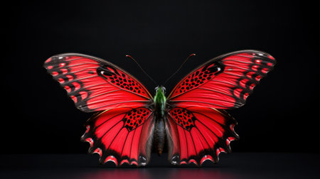 A red butterfly with black spots on its wings is shown, AIの素材