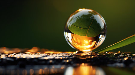 A drop of water with a leaf in it on the ground, AIの素材