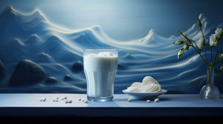 A glass of a milk and some ice cream on the table, AIの素材