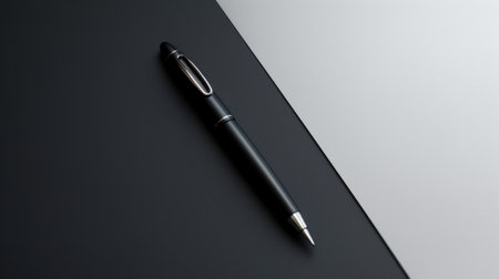 A black pen laying on a table with the tip pointing up, AIの素材