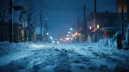 A street covered in snow and lit up by the lights of buildings, AIの素材